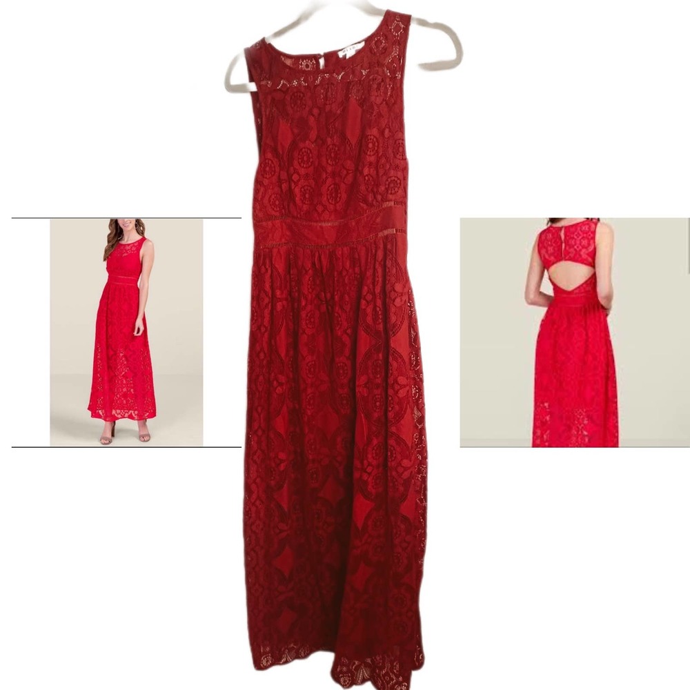 Red Lace Maxi Dress with Cut Out Back. Size Large